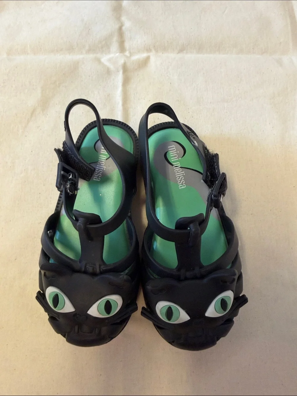 Mini Melissa Black Cat Jelly Sandals with Green Insole